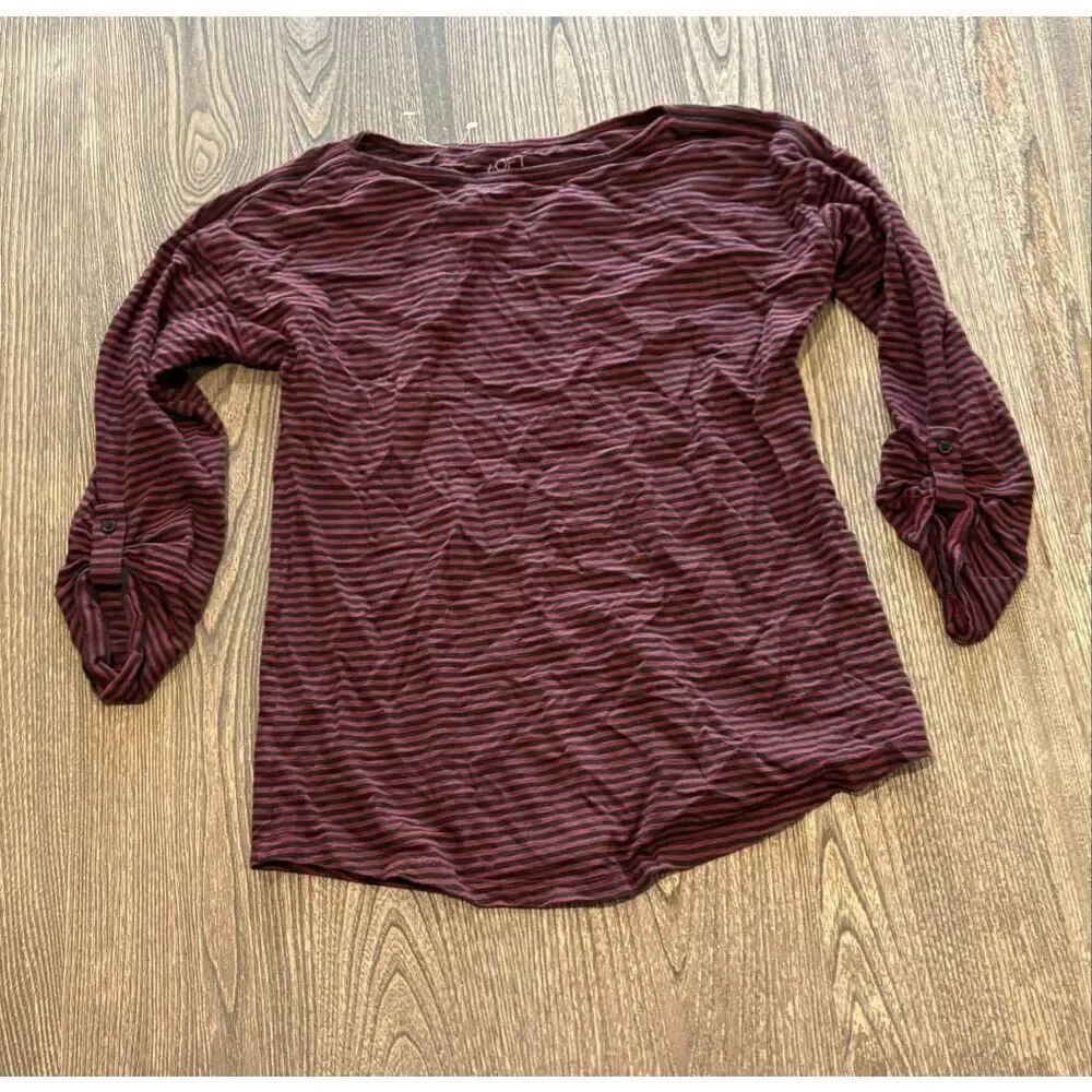Ann Taylor LOFT Womens Striped Top Long Roll Tab Sleeve Cotton Red Black Size S